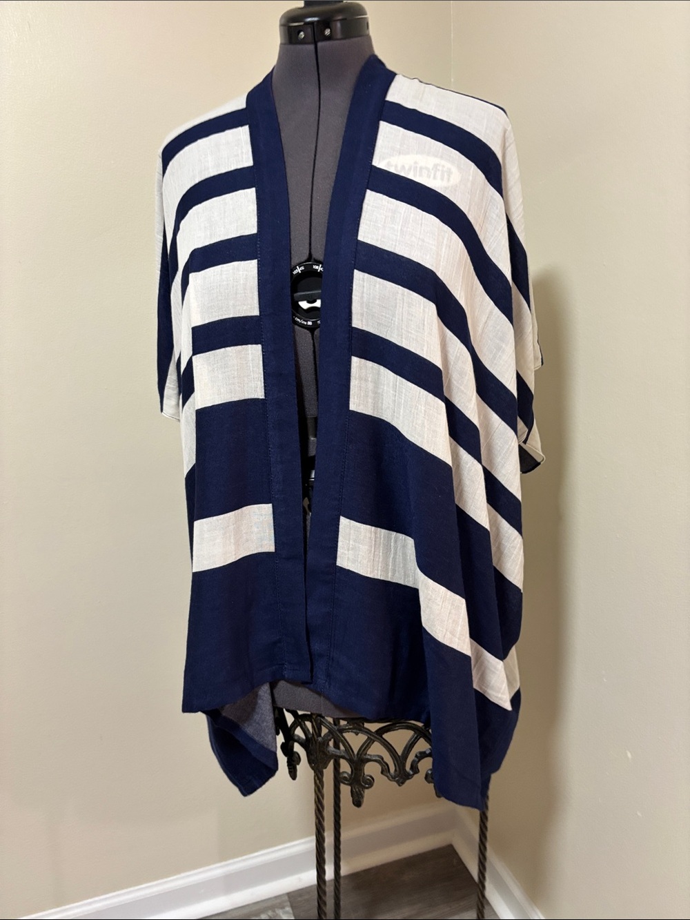 LOFT Navy and White Striped Open Cardigan